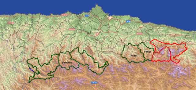 Espacios protegidos de la montaña asturiana. Etiquetados algunos ejemplos que incluyen municipios enteros.